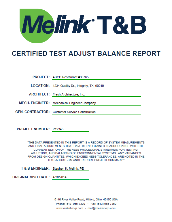 Melink T&B Certified Test Adjust Balance Report