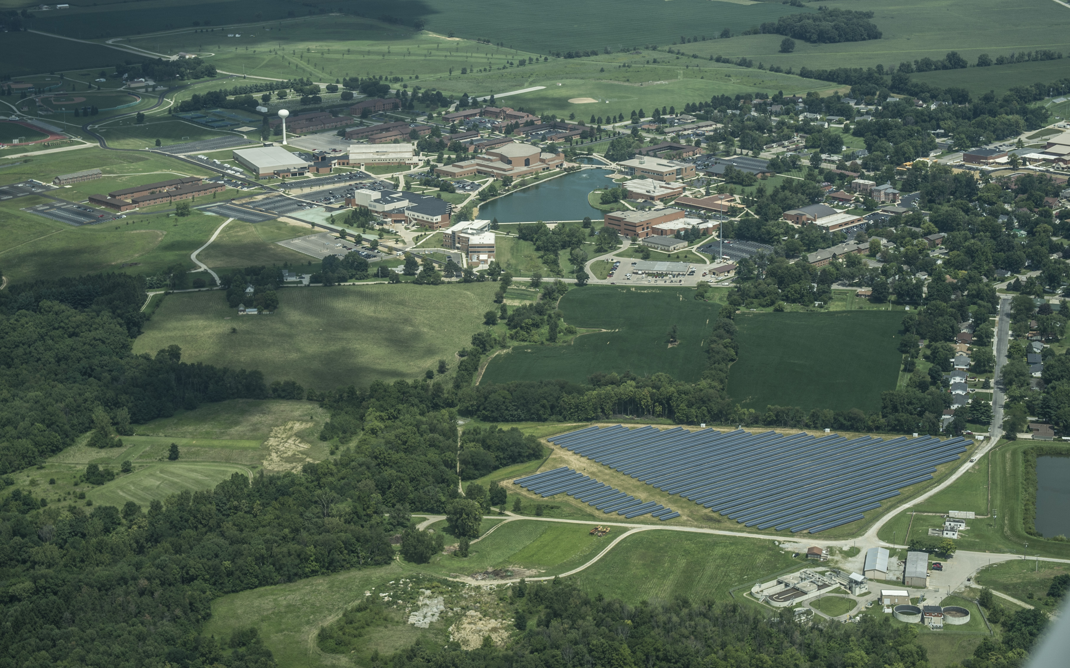 Wide aerial view of solar panels at Cedarville University