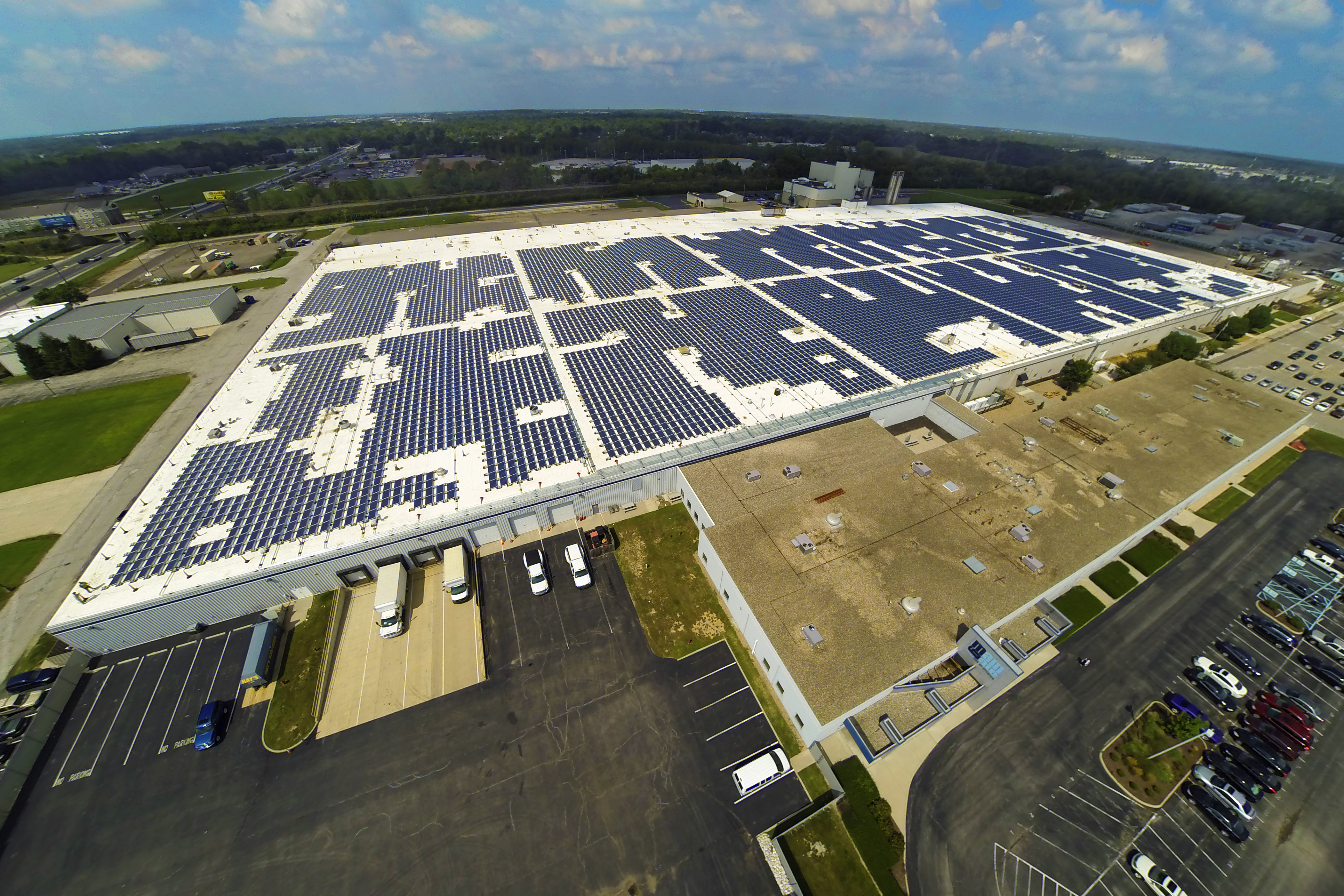 Aerial view of Equity rooftop with solar panels